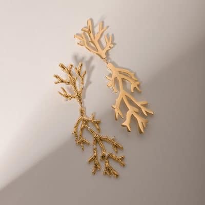 Stylish gold coral-themed earrings with intricate detailing and small embedded pearls, perfect for adding a touch of nature-inspired elegance to your style.