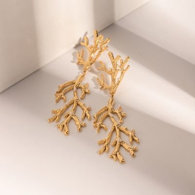 Elegant gold coral design earrings with pearl accents, perfect for sophisticated jewelry collection. Unique piece for special occasions or daily glamour.
