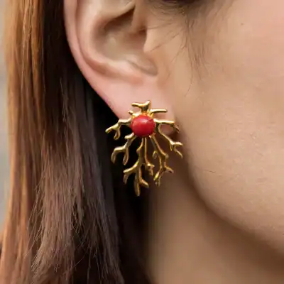 Cute coral and gold leaf earring, perfect for women looking for unique jewelry accessories. Available at Monalisa Store.