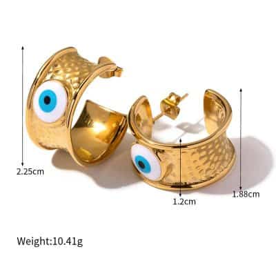Evil eye gold hoop earrings, stylish and trendy jewelry accessory for women and girls, perfect for enhancing eye-catching eyewear or fashion statement.