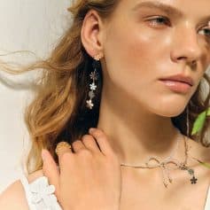 Stunning flower-shaped earrings and a delicate pearl necklace showcased in this fashionable jewelry display, perfect for accessorizing any stylish look.