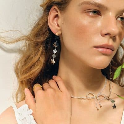 Stunning flower-shaped earrings and a delicate pearl necklace showcased in this fashionable jewelry display, perfect for accessorizing any stylish look.