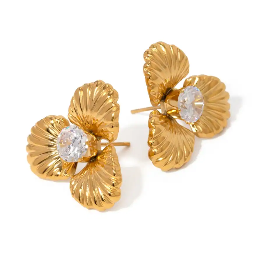 Luxurious gold flower earrings featuring intricate petal design and sparkling crystal center for sophisticated style and jewelry elegance. Perfect for special occasions or everyday chic.