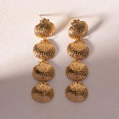 Elegant gold shell dangle earrings perfect for summer jewelry collection, beach party accessories, and ocean-inspired fashion. Lightweight statement jewelry for women, stylish gift idea.