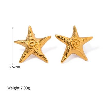 Elegant gold starfish stud earrings for women, perfect for beach-inspired fashion and jewelry lovers. The 2.52cm size and 7.9g weight make them a stylish accessory.