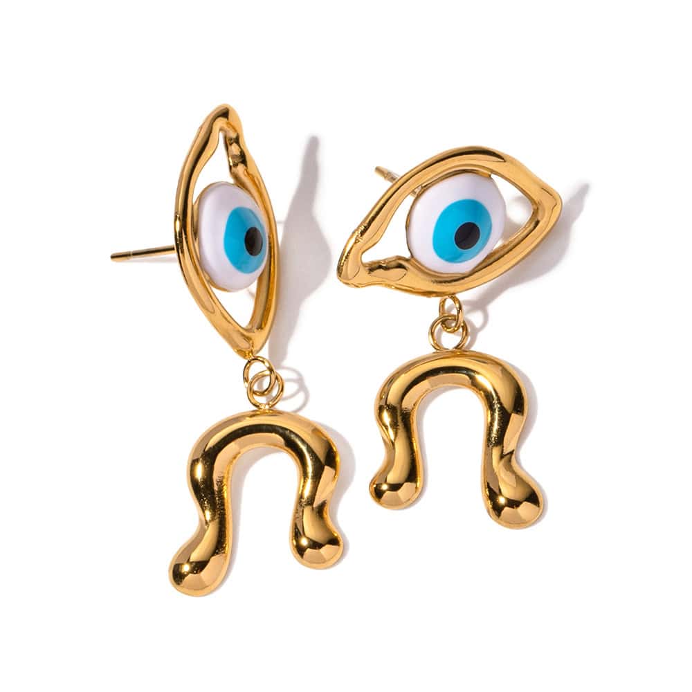 Bright gold earrings featuring blue and white evil eye design with hanging question mark charms for unique jewelry style.