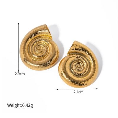 Gold spiral shell earrings ideal for stylish women, featuring a shiny metallic finish with intricate detailing, measuring approximately 2.9cm by 2.4cm. Perfect accessory for elegant and trendy fashion statements.