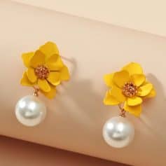 Elegant yellow flower earrings with pearl drops for women, perfect for enhancing your optical accessories look and adding a touch of sophistication to your eyewear fashion.