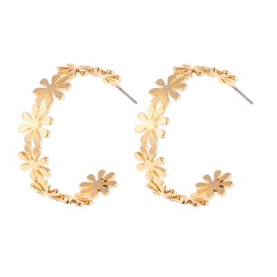 Stylish Daisy-shaped gold hoop earrings, perfect for enhancing your eyewear accessories with a trendy floral touch. Lightweight, durable, and elegant jewelry for fashionable eye care enthusiasts.