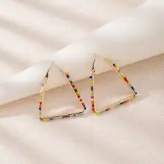 Vibrant beaded triangle earrings perfect for stylish and modern optical accessories, featuring multicolored beads and gold accents for a chic look.