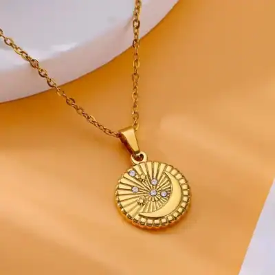 Stylish gold crescent moon pendant necklace featuring embedded diamonds, perfect for elegant and trendy women's jewelry collections. Crafted with premium materials, ideal for special occasions.