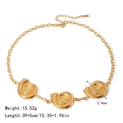 Elegant gold shell necklace with spiral shell pendants, perfect for beachwear, summer accessories, and stylish fashion statements. Adjustable chain ensures comfortable fit for all occasions.