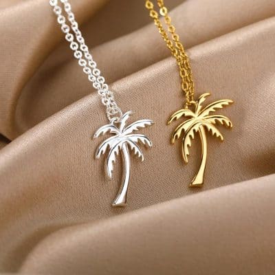 Elegant gold and silver palm tree necklaces for women, perfect for summer jewelry styles. High-quality accessories available at Monalisa Store.