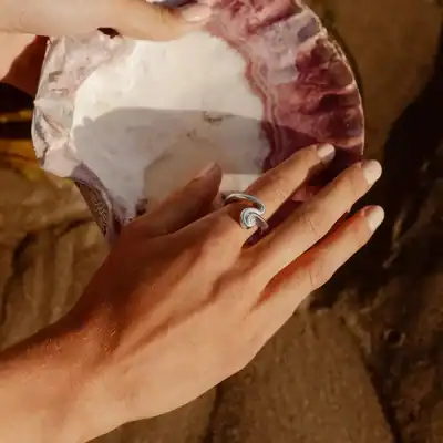 Close-up of a silver shark-shaped ring on a person's finger, with a large white shell with pink and brown accents in the background, showcasing unique jewelry and natural maritime elements.