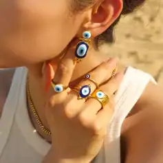Evil eye jewelry set including rings and earrings with blue eye motifs, made of gold-tone metal, perfect for protection and style, ideal for gifting or personal fashion statement.