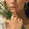 Luxurious gold flower jewelry with pearl accents, featuring a statement ring, necklace, and earrings, perfect for stylish occasions and enhancing your personal elegance.