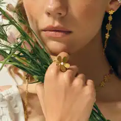 Luxurious gold flower jewelry with pearl accents, featuring a statement ring, necklace, and earrings, perfect for stylish occasions and enhancing your personal elegance.