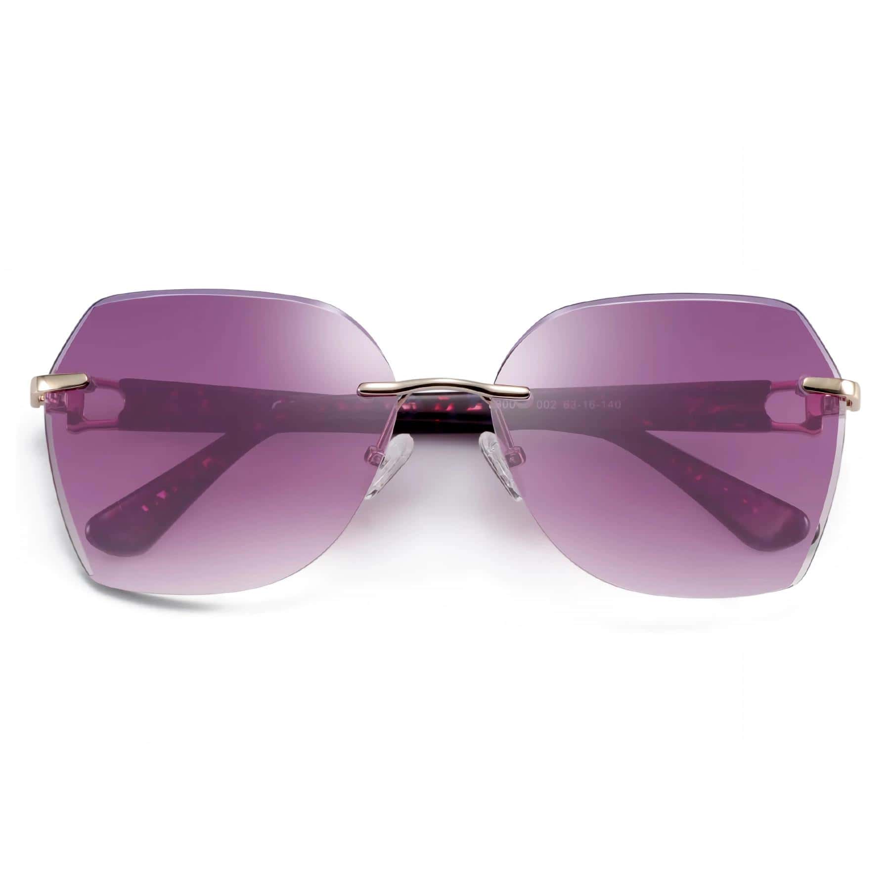 Stylish purple tinted sunglasses with gold accents, perfect for UV protection and fashion statements. Comfortable fit with adjustable nose pads and durable frames.