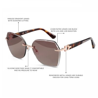 Stylish sunglasses featuring gradient lenses, diamond cutting, and durable metal hinges, offering UVA and UVB radiation blocking for eye health and fashion.