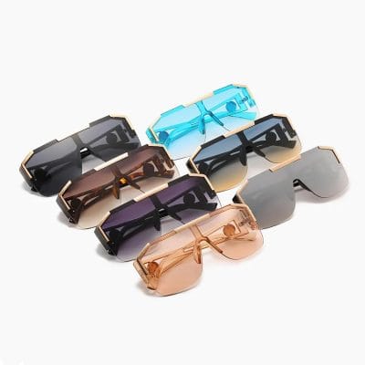 Stylish sunglasses with colorful lenses including blue, black, brown, purple, and peach, featuring modern frame designs perfect for UV protection and fashion.