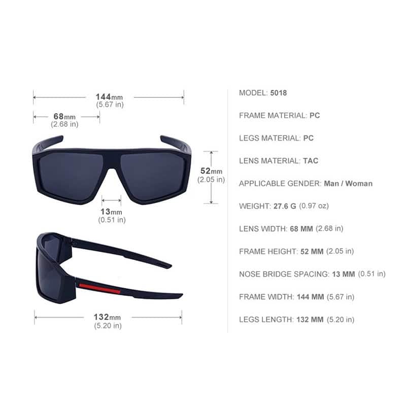 High-quality sunglasses with detailed measurements, durable PC and TAC materials, suitable for men and women, lightweight design, stylish and functional eyewear for outdoor use.