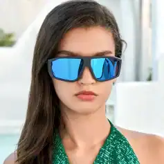 Stylish women's sunglasses featuring mirrored blue lenses and a sleek black frame for UV protection and fashion statement. Perfect for outdoor activities and enhancing your style.