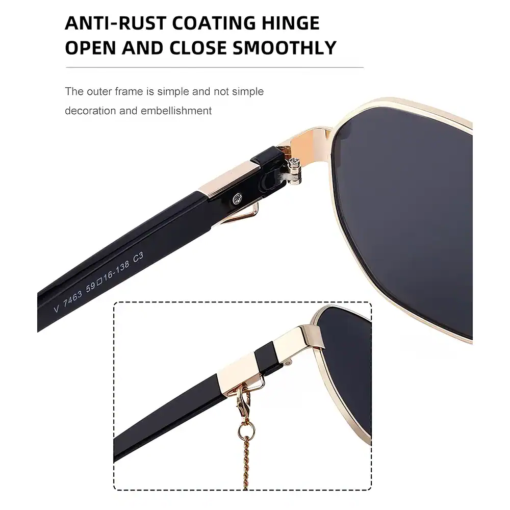 High-quality stylish sunglasses for men and women with anti-rust coating hinges, designed for durability and elegance. Perfect for outdoor fashion and eye protection.