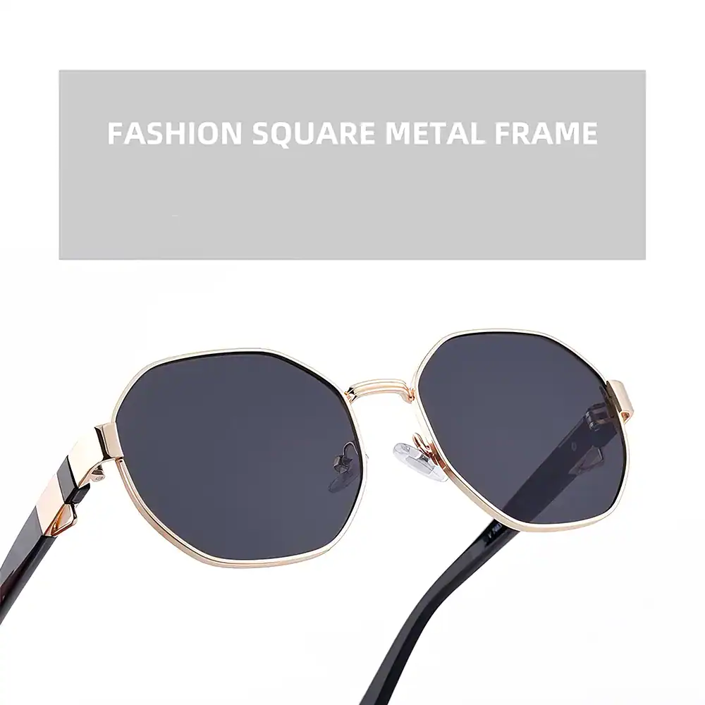 Stylish square metal frame sunglasses with dark tinted lenses, perfect for UV protection and fashion. Ideal for women and men seeking trendy, durable eyewear for everyday wear.
