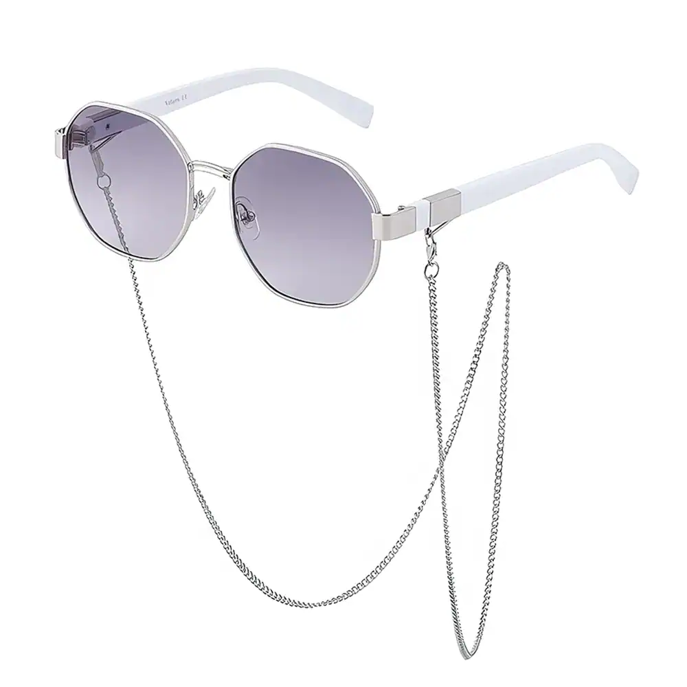Stylish round sunglasses with silver frame and chain, perfect for trendy eyewear and sun protection, ideal for eyewear fashion enthusiasts.