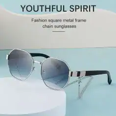 Elegant square metal frame chain sunglasses for a trendy, youthful look with stylish chain detail and UV protection. Perfect for casual and fashion-forward appearances.