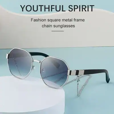 Elegant square metal frame chain sunglasses for a trendy, youthful look with stylish chain detail and UV protection. Perfect for casual and fashion-forward appearances.