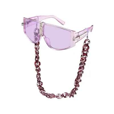 Pink fashion sunglasses with chain accessory for women, UV protection, trendy design, perfect for outdoor sun protection and fashion statements.
