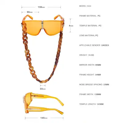 Stylish unisex sunglasses with orange tinted lenses, chain strap, and lightweight design, perfect for casual and outdoor wear.