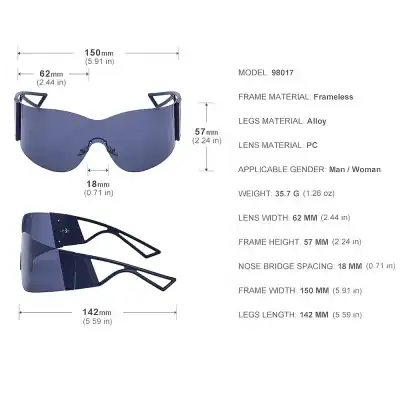 High-quality sporty sunglasses with frameless design, lightweight alloy legs, and PC lenses suitable for men and women, perfect for outdoor activities and UV protection.