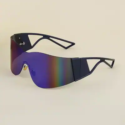 High-tech black sports sunglasses with reflective rainbow lenses, ideal for outdoor activities, UV protection, and stylish eyewear fashion. Perfect for sports, fashion, and sun protection.
