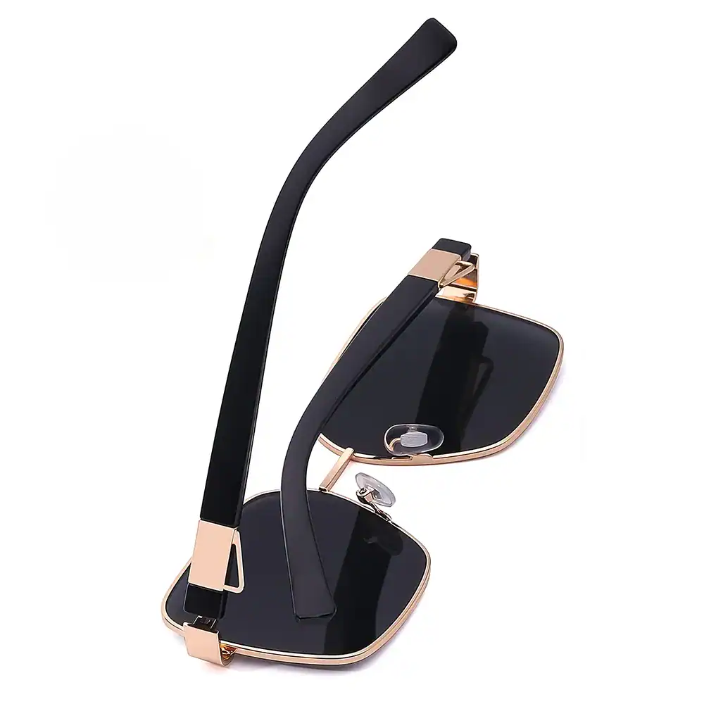 Stylish black and gold display stand for sunglasses, ideal for showcasing eyewear in stores or at home. Durable and elegant design enhances the presentation of fashion accessories.