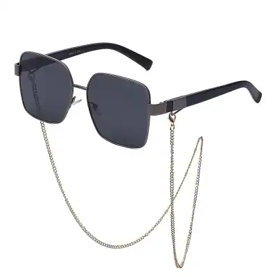 Fashionable black square sunglasses with attached gold chain, perfect for enhancing your style and protecting your eyes. High-quality accessories available at Monalisa Store.