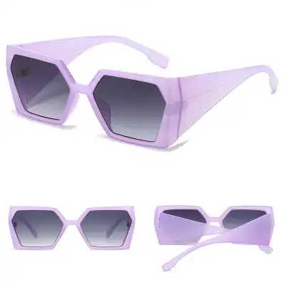 Stylish lavender hexagon sunglasses with dark gradient lenses, perfect for fashion-forward eye protection and UV shielding. Trendy accessory for sunny days and outdoor activities.