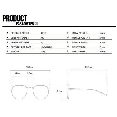 Stylish and universal eyewear with PC frame and AC lenses, perfect for face, face protection, and eye comfort, designed for all users and lightweight at 41g.