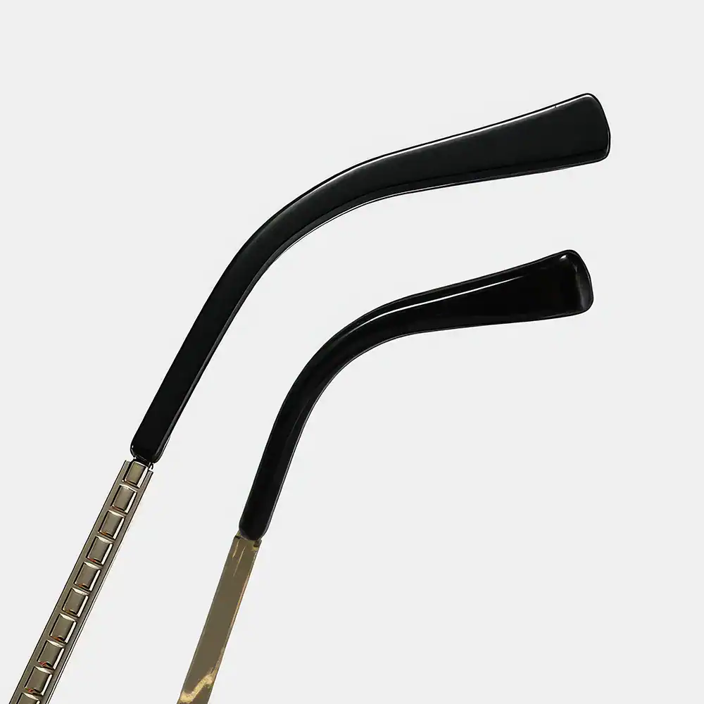 High-quality optometry accessories featuring sleek black temple tips and strong metal hinges for comfortable, reliable eyewear wear. Ideal for optical stores and eyewear professionals.