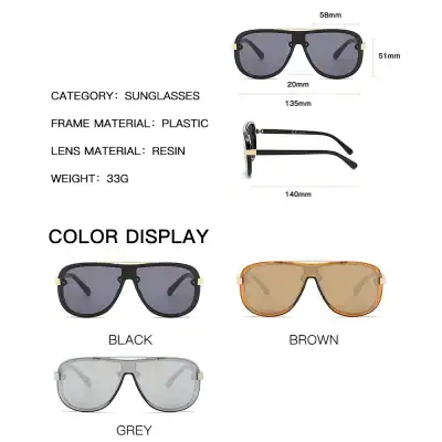 Stylish sunglasses with resin lenses, plastic frame, available in black, brown, and grey, lightweight and perfect for eye protection and fashion.