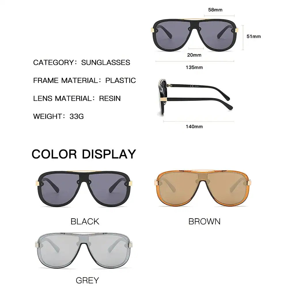 Stylish sunglasses with resin lenses, plastic frame, available in black, brown, and grey, lightweight and perfect for eye protection and fashion.