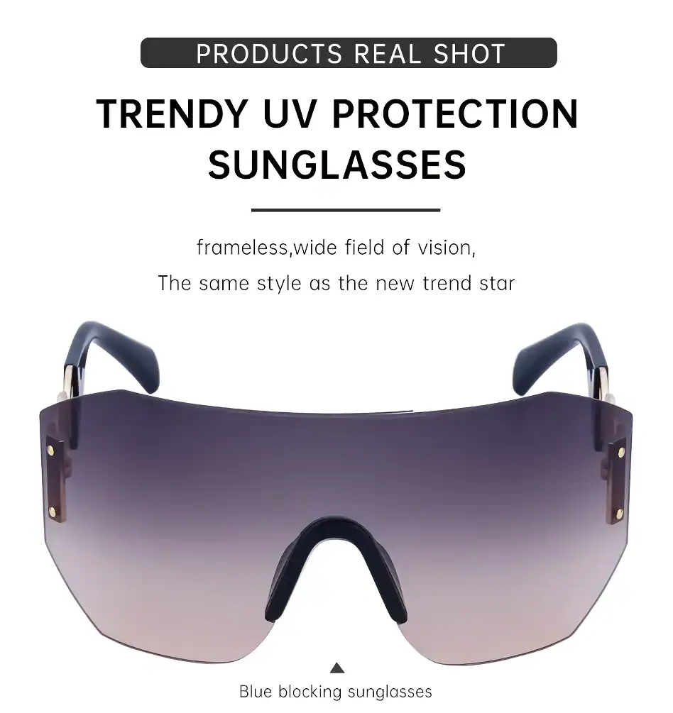 Fashionable UV protection sunglasses with wide field of vision and blue blocking features for optimal eye health and style. Perfect for outdoor activities and trendy fashion statements.