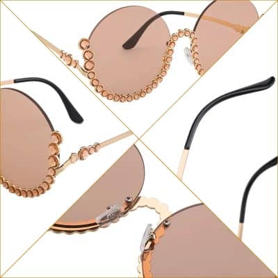 Fashionable rose gold sunglasses with decorative beads and reflective lenses, perfect for stylish sunny days.