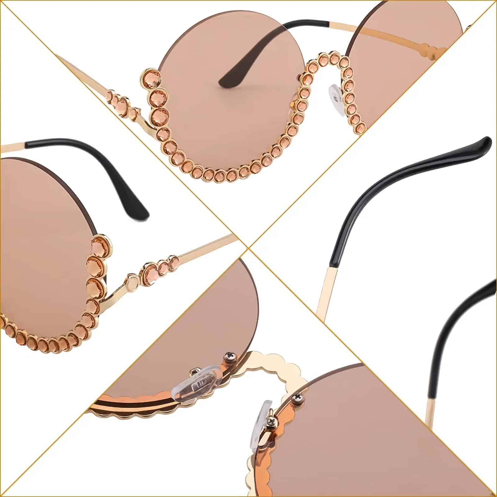 Fashionable rose gold sunglasses with decorative beads and reflective lenses, perfect for stylish sunny days.