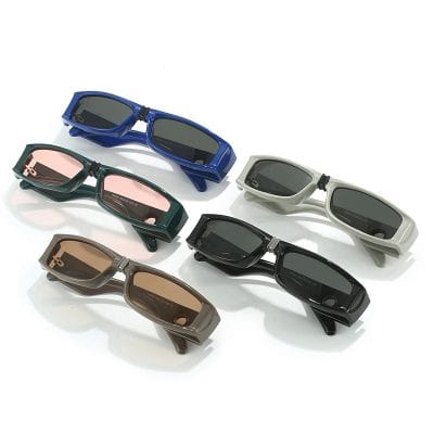 Stylish sunglasses in various colors with UV protection, perfect for optical stores and eye clinics.