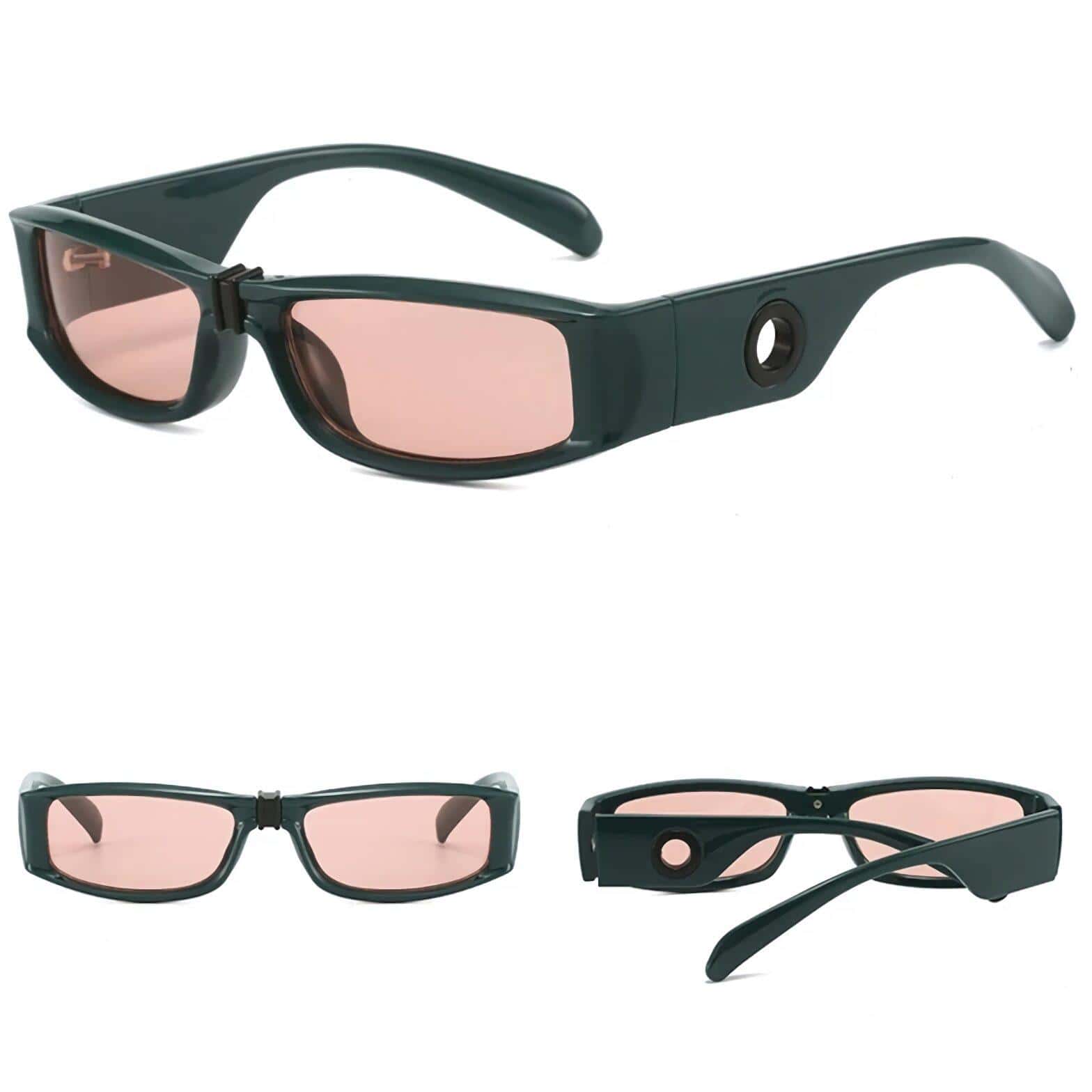 High-tech smart glasses with rose-tinted lenses, sleek black frame, and integrated camera for innovative visual experience and hands-free connectivity. Perfect for tech-savvy users.