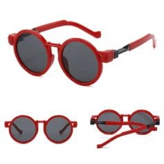 Red round sunglasses with dark lenses, stylish and UV-protective, perfect for kids and adults, suitable for outdoor activities, fashion accessories, and sun protection.