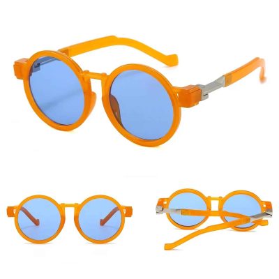 Bright orange sunglasses with round blue reflective lenses, featuring a sturdy frame and adjustable temples for a comfortable fit, ideal for outdoor activities or fashion statements.