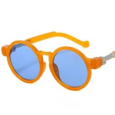 Bright orange children's sunglasses with blue mirrored lenses, perfect for sunny days, outdoor activities, and UV protection. Stylish eyewear designed for kids' comfort and eye safety.
